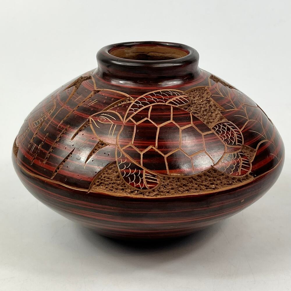 Costa Rica Hand Carved Pottery Turtle Vase Red Brown Burnished Folk Art Unique